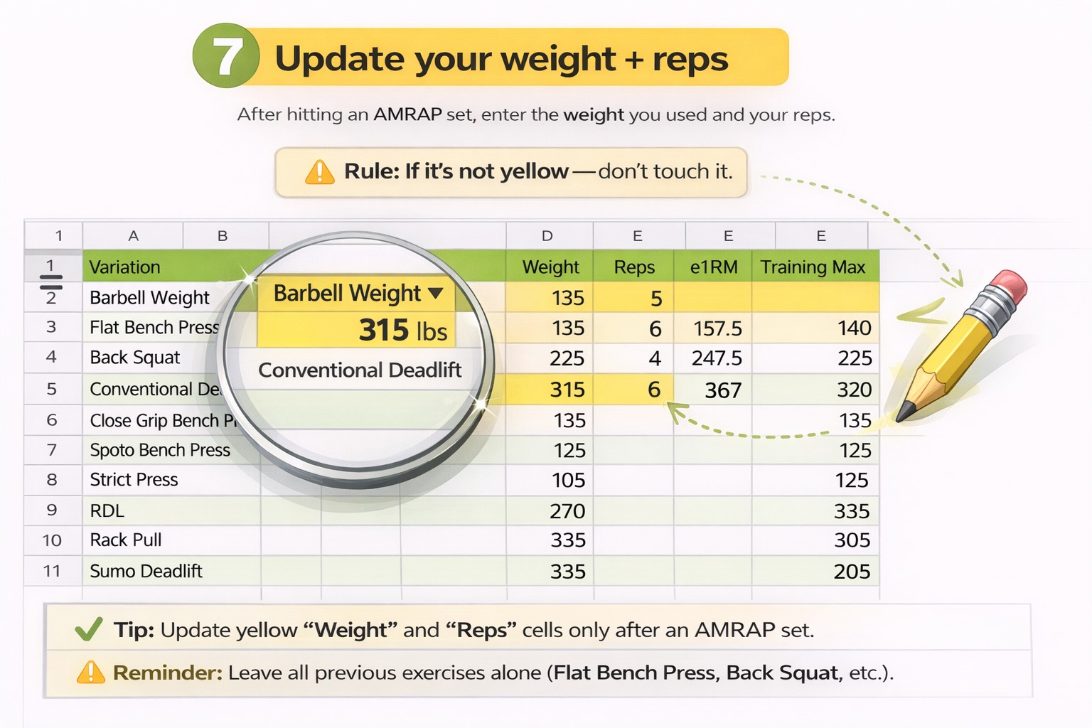 Step 7: Update your weight and reps on the Inputs sheet