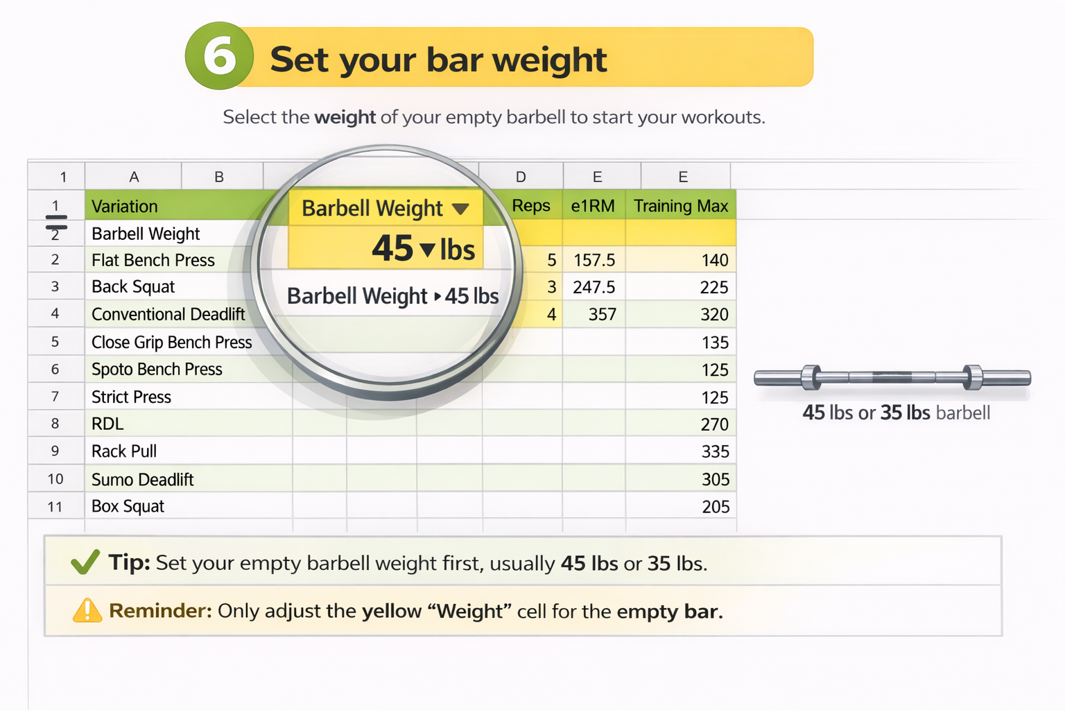 Step 6: Set your barbell weight on the Inputs sheet