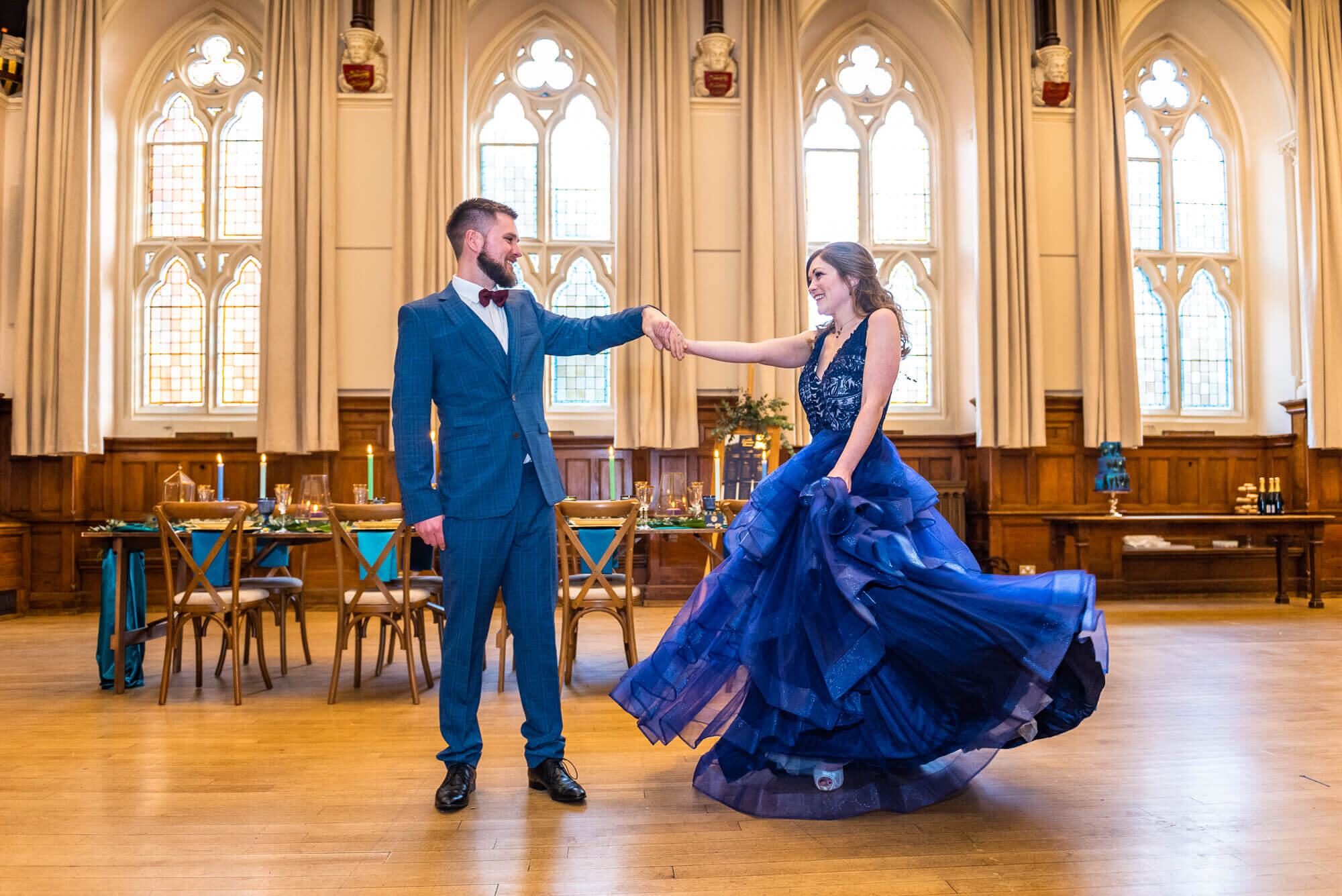 Wedding Couple Bride and Groom Dancing Winchester Guildhall Blue Wedding Dress Evening