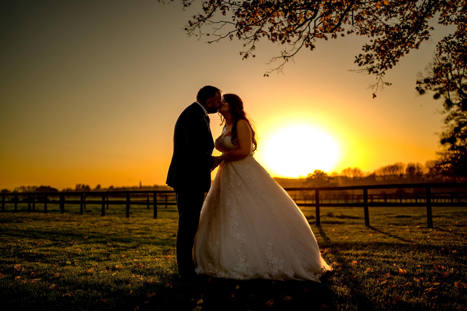 sunset wedding photo at barford park in Downton