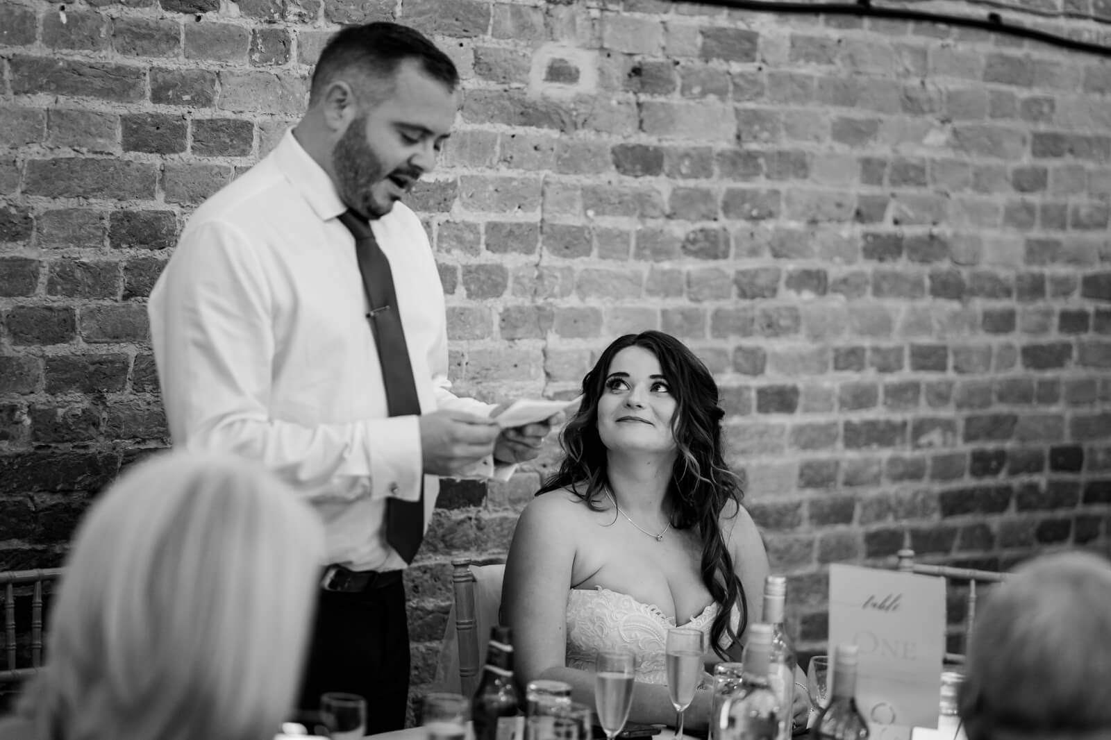 groom speech at barford park wedding venue in black and white