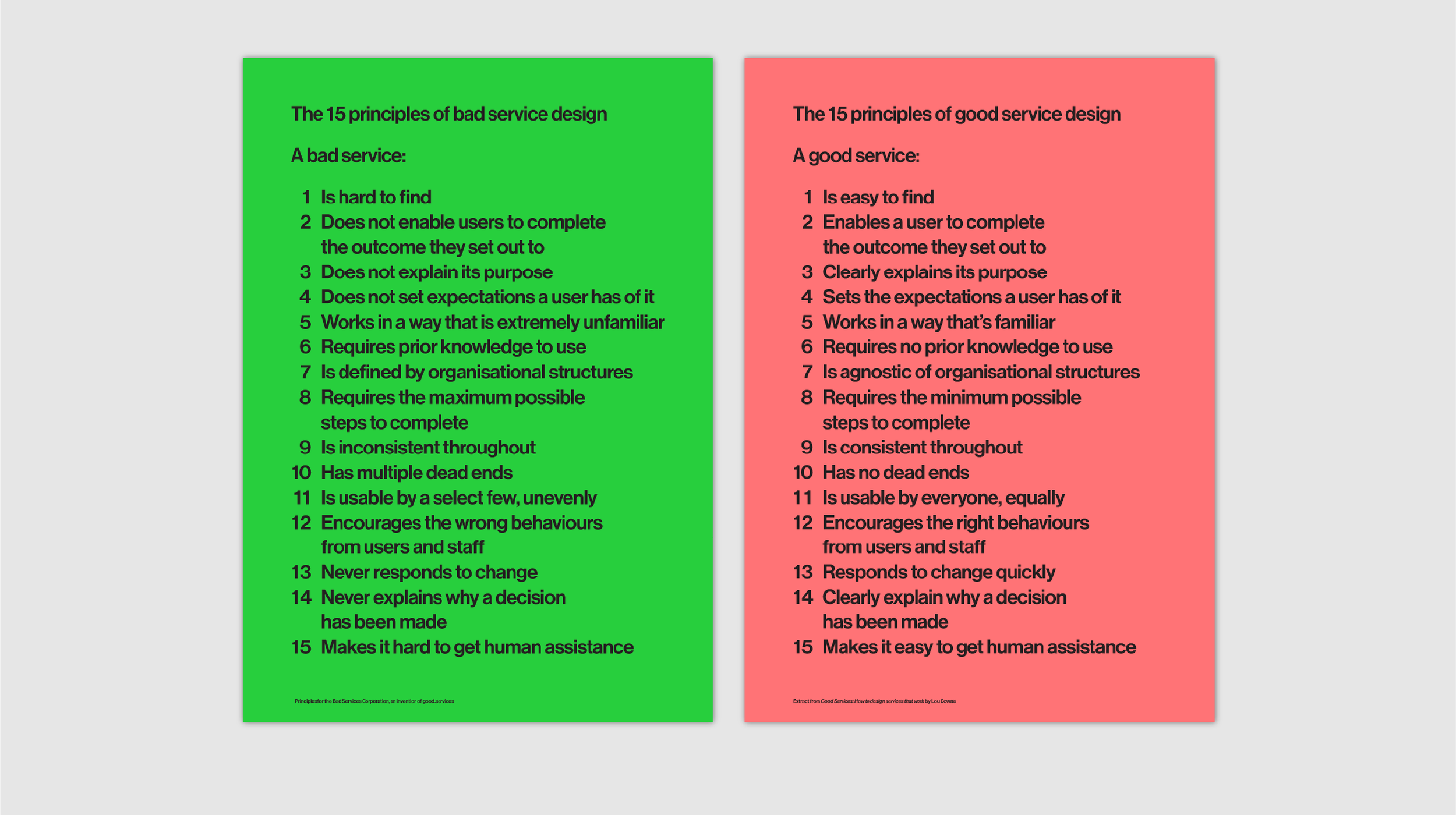 Two posters side by side, one green and one orange fluro. They list the 15 principles of Bad and Good Service design