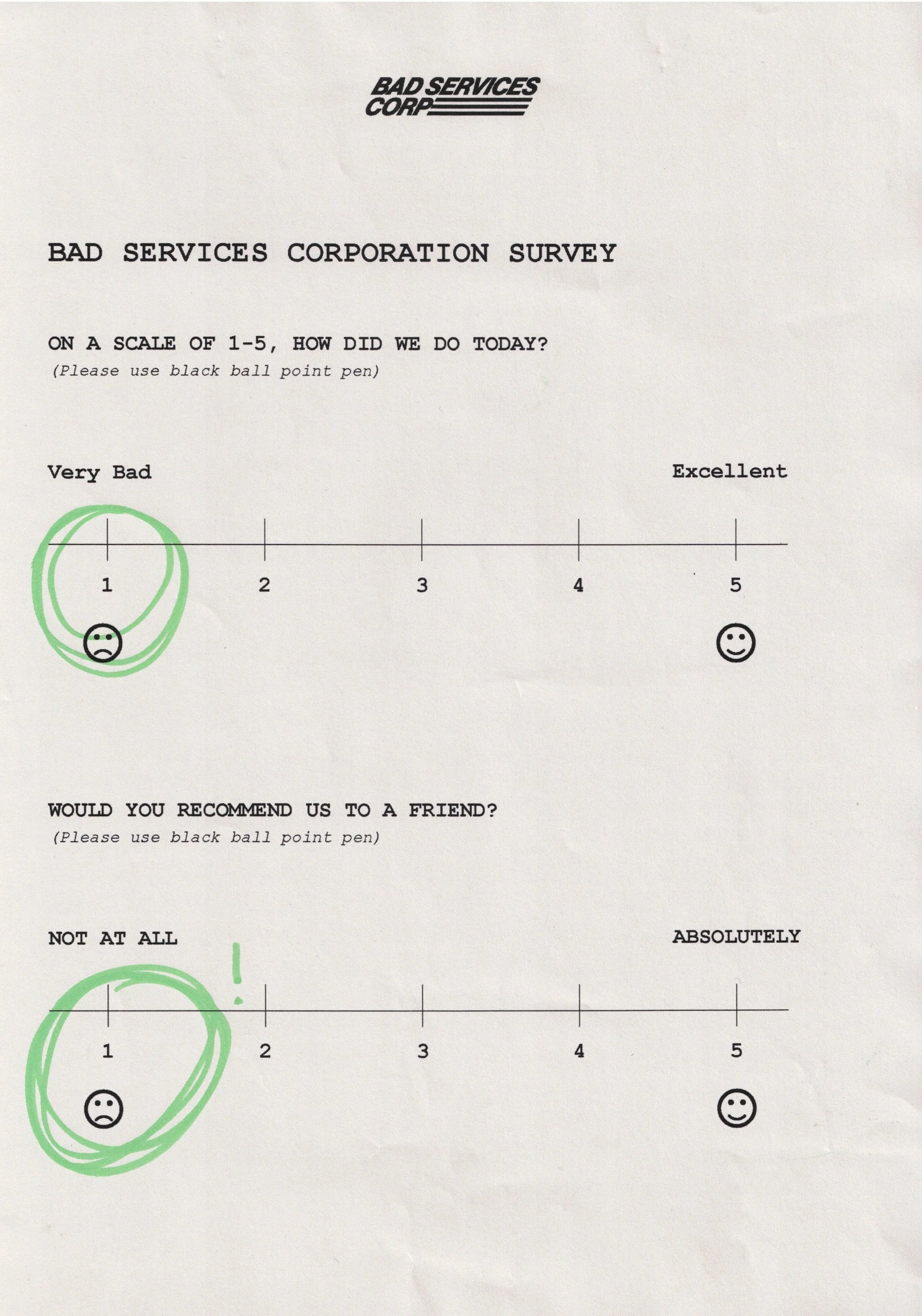 A white paper evaluation form with poor service circled twice with a sad face