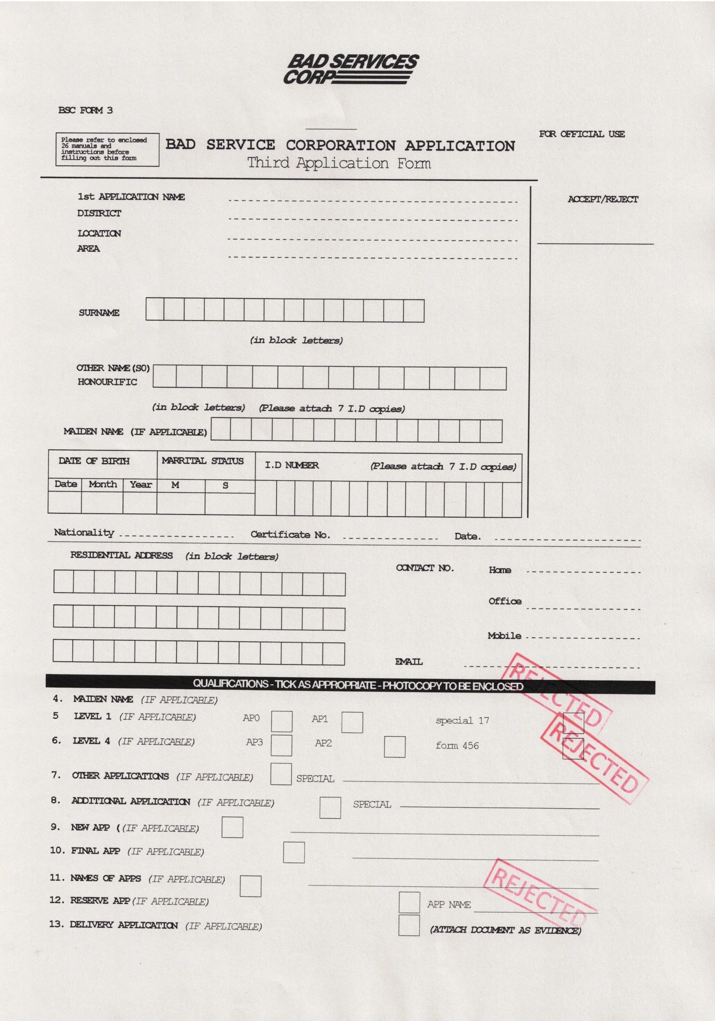 A paper form with rejected stamps on it