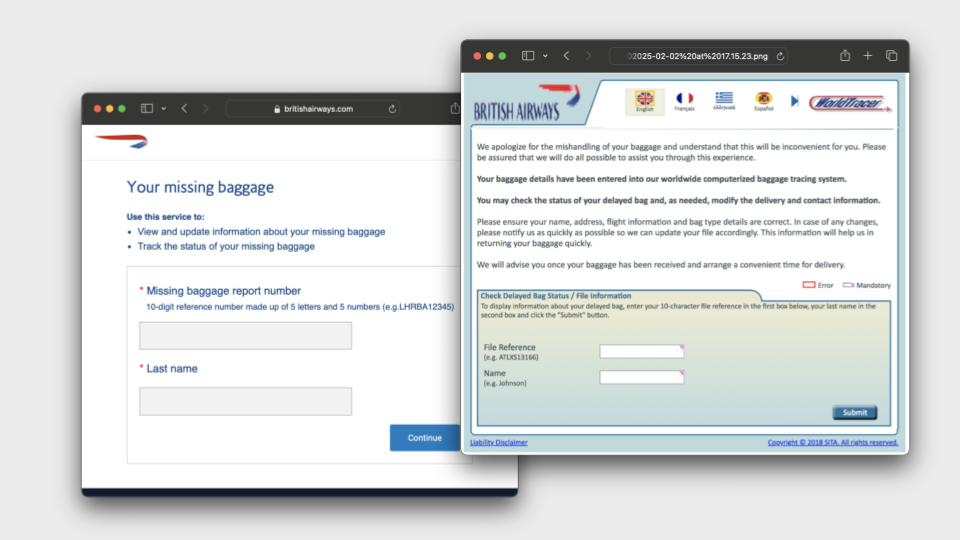An image shows a British Airways World Tracer website, which is in different graident colours to a clean British Airways website on the left hand side