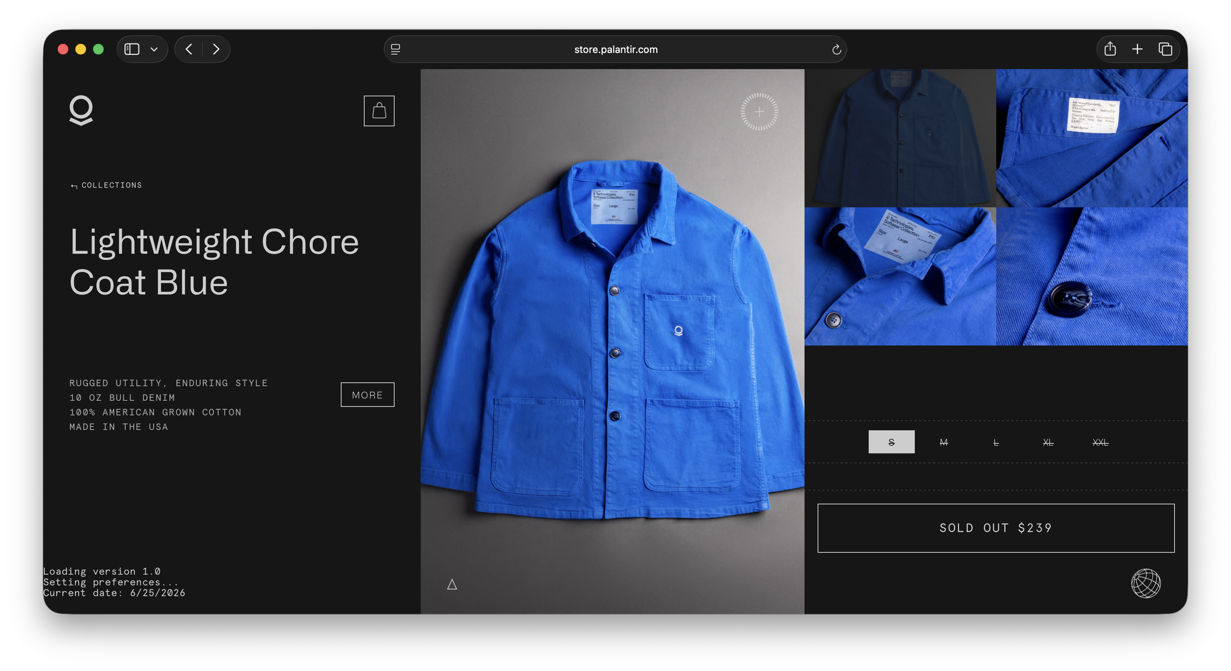 A blue chore jacket for sale on a website