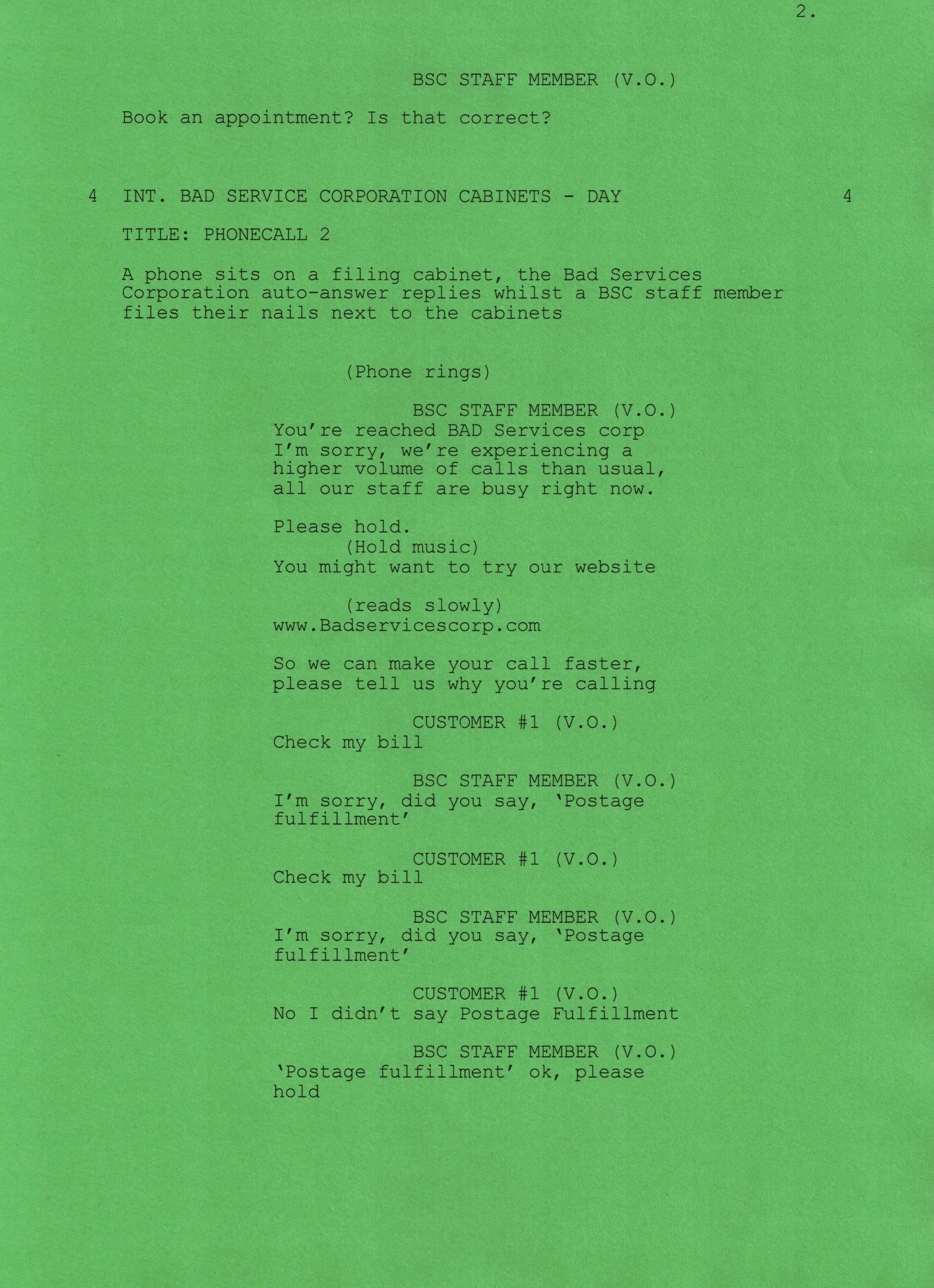 A green paper with a script on it, with text that starts 'You've reached BAD services corp'