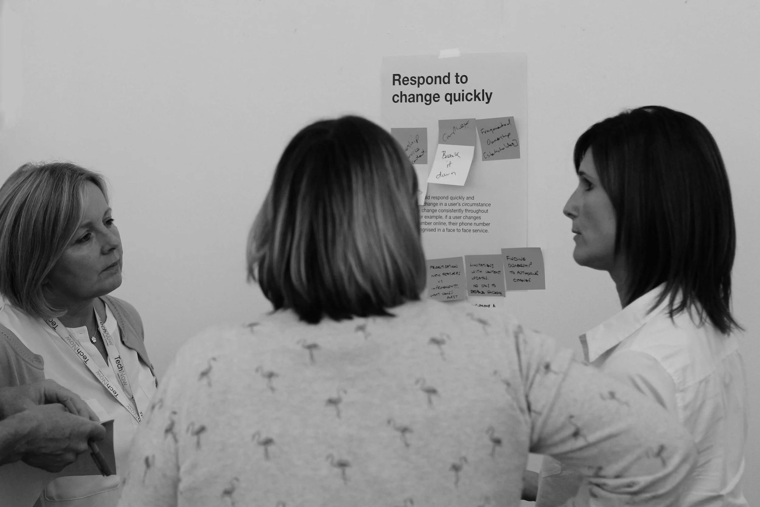 Three people gather around a sign that says 'Respond to change quickly'