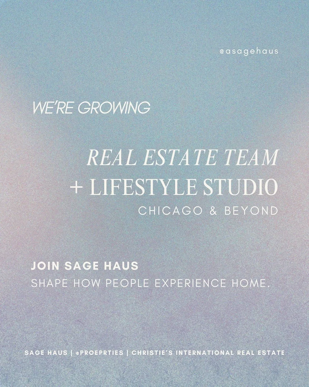 we&rsquo;re growing the studio. two chicago-based roles &mdash; real estate broker &amp; studio storyteller.
learn more: sage-haus.com/hiring