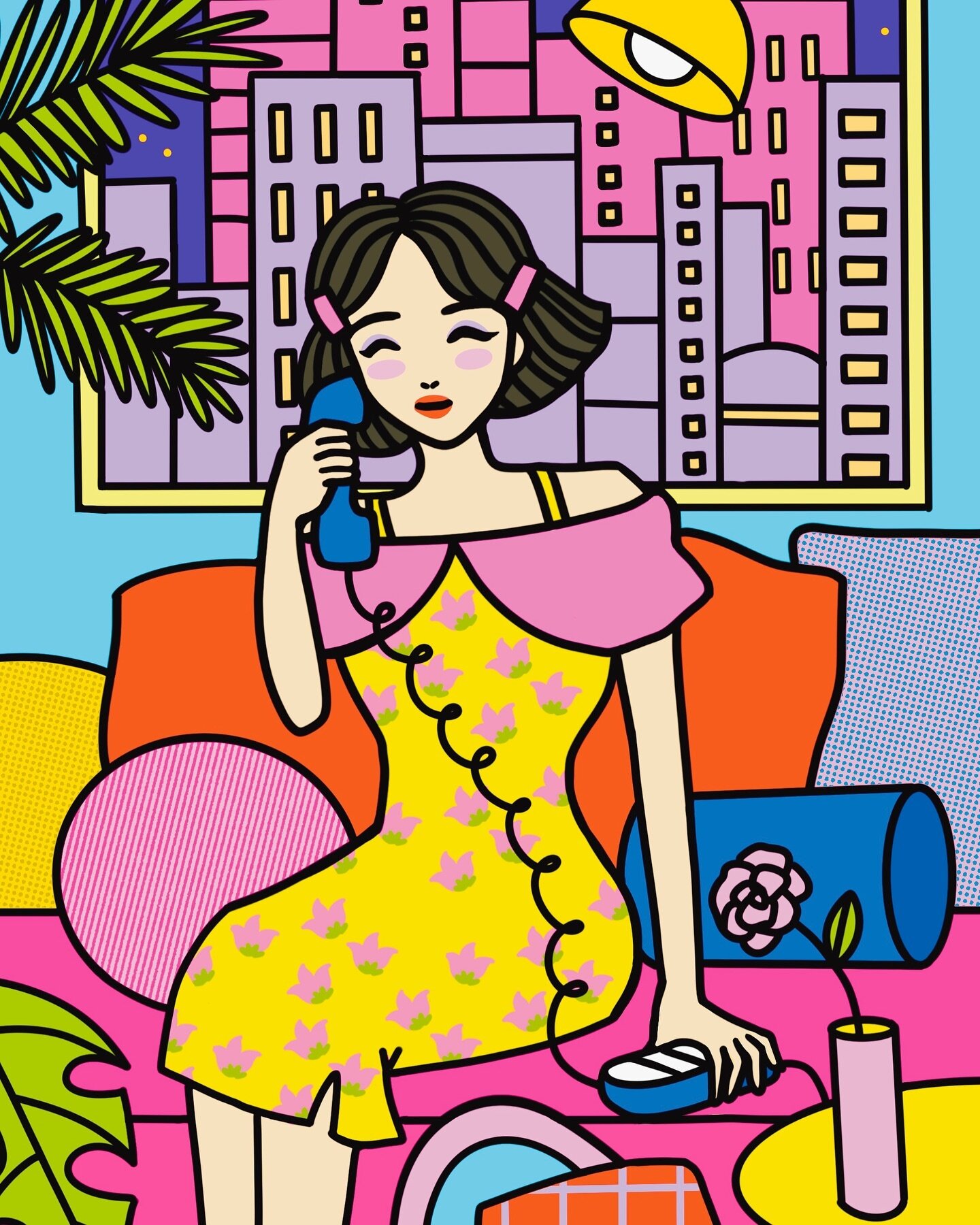 Closeup of one of the designs I did for my collection with @mycaselism! Inspired by late 80s-early 90s young adult decor and city pop vibes! Oh, also her look was loosely inspired by Drew Barrymore circa Wedding Singer bc duh lol. 🌃 You can snag one