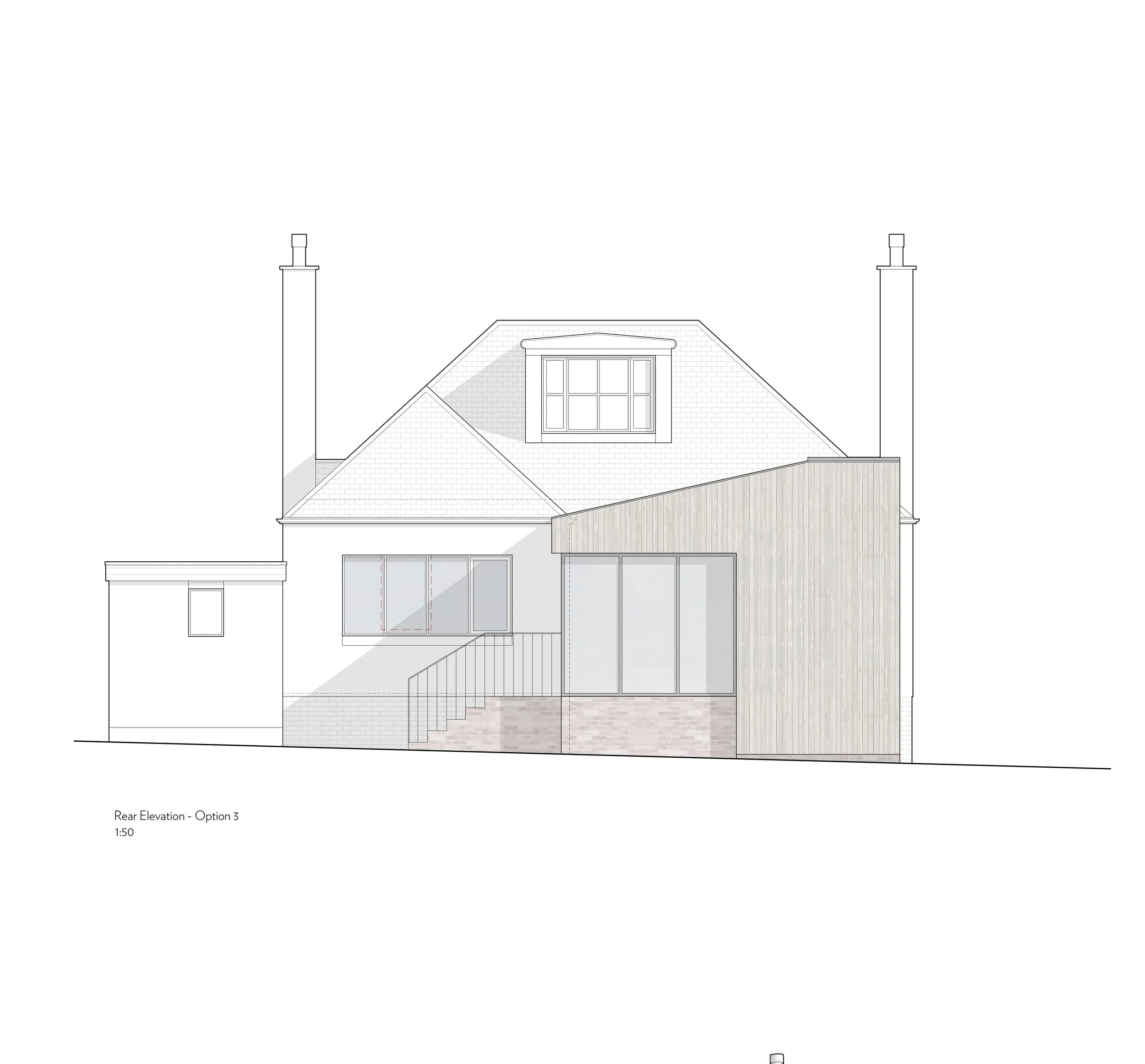 Architectural drawing of a house's rear elevation with detailed roof, chimneys, and large windows, labeled as 'Rear Elevation - Option 3' at a scale of 1:50.