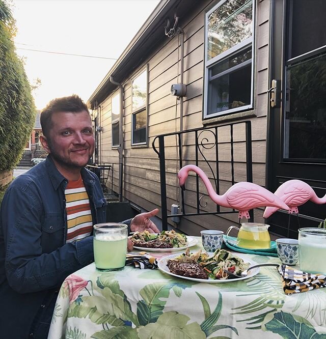 Quarantine sunset patio dinner with the Nancy Boys. They aren&rsquo;t allowed to socialize but they sure can cook! Vegan Korean BBQ Tempeh, Bok Choy &amp; Mushrooms, with a Citrus Noodle Salad.