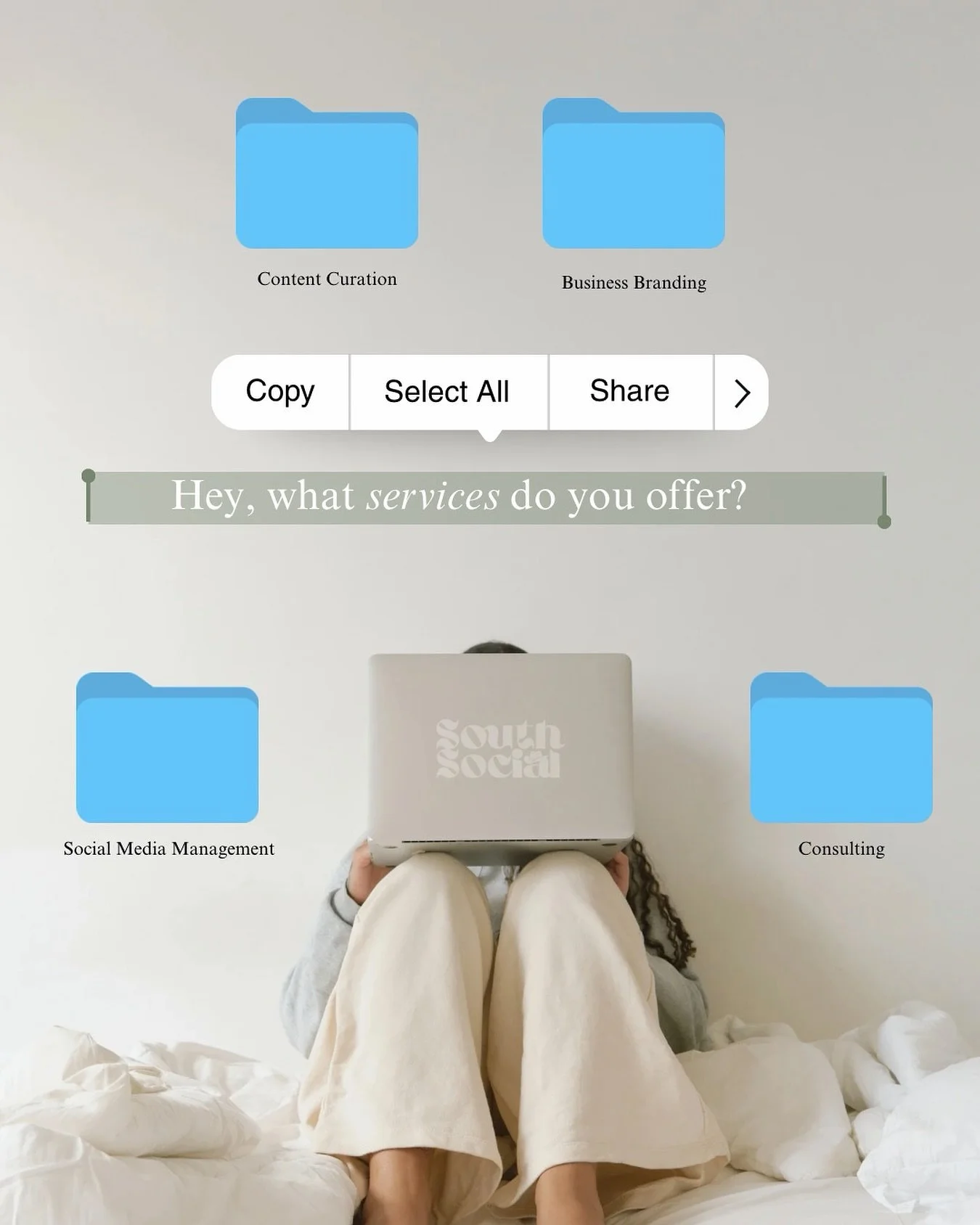 ✨Ever wonder what&rsquo;s inside our &ldquo;digital folders&rdquo;? 

At South Social, we&rsquo;ve got your brand covered from every angle:
📂Content Curation
📁Business Branding
📁Social Media Management
📁Consulting

We&rsquo;re here to bring strat