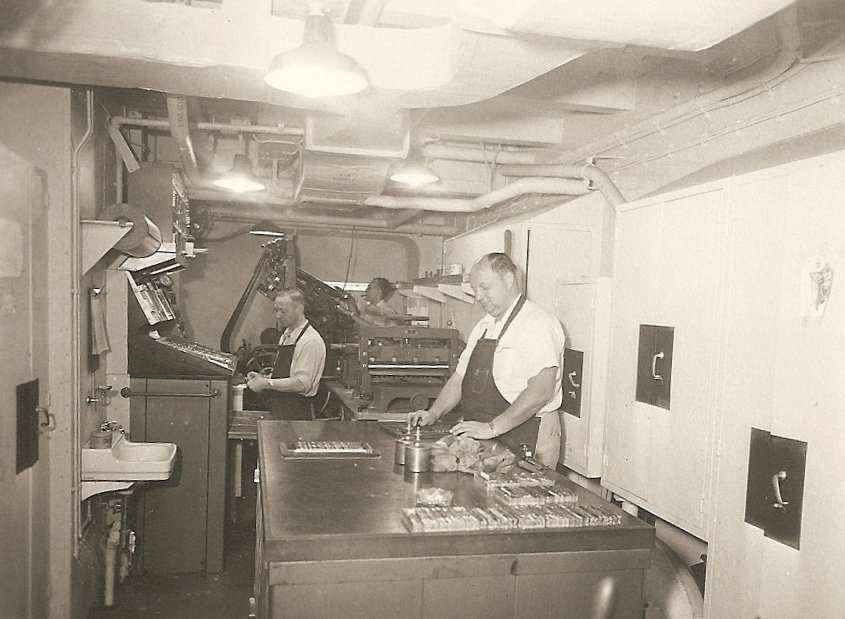  Alfred Bluhm with his co-worker 'Frenchie' and another uknown co-worker in the SS  United States’  Linotype Office on December 12, 1953.    Image courtesy of Jean M. Thomas 