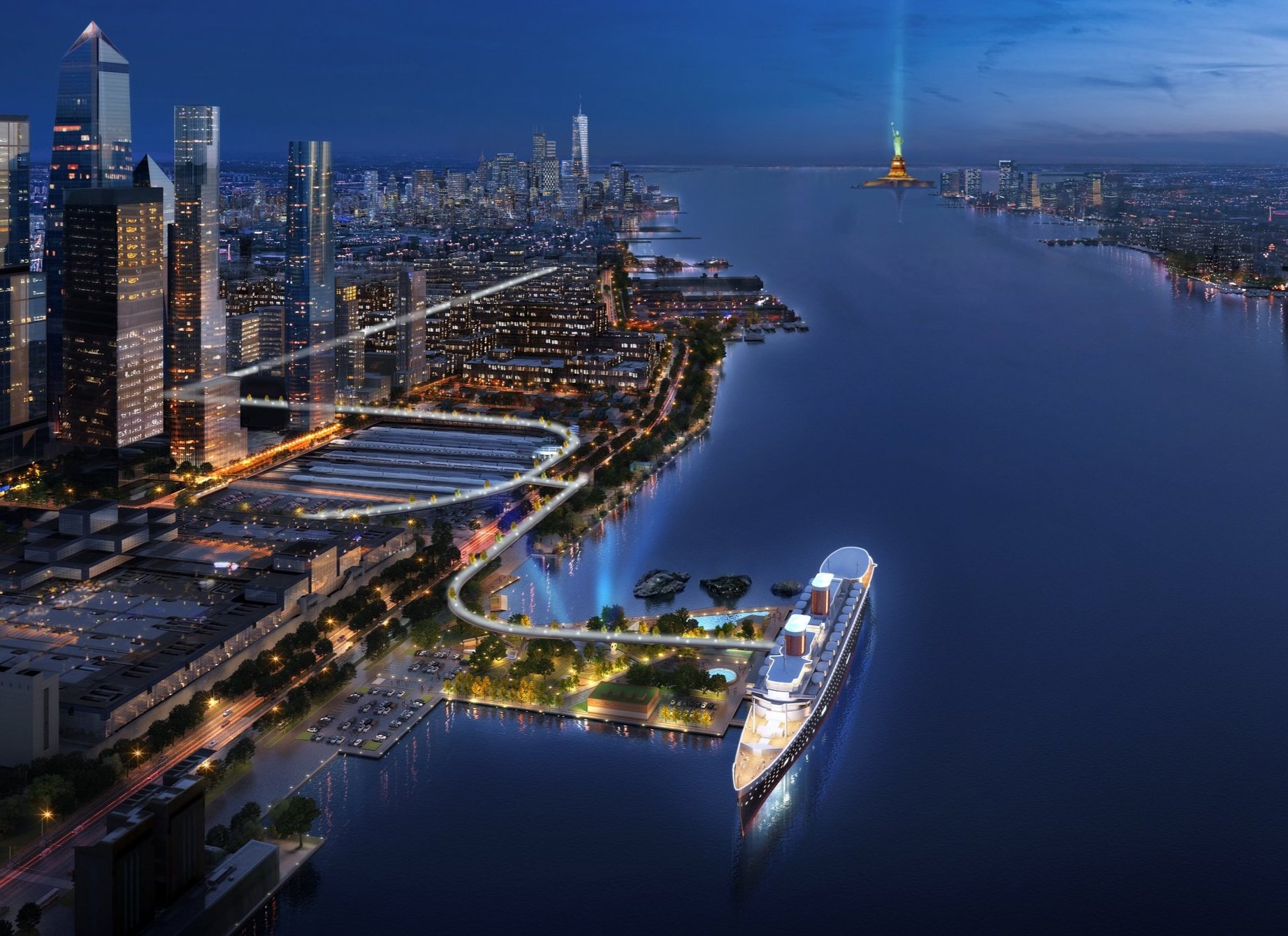 SS United States Rendering - Facing North at Night