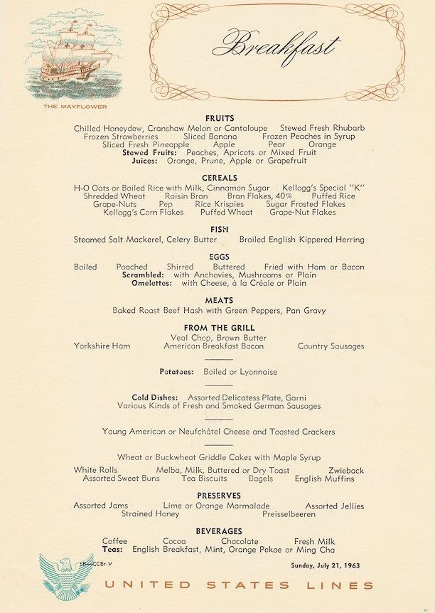 Cabin Class Breakfast Menu, July 22, 1963.