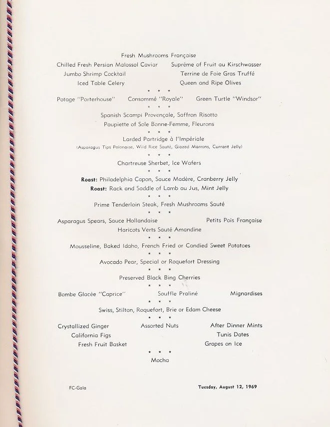 First Class Gala Dinner Menu, August 1969.&nbsp;
