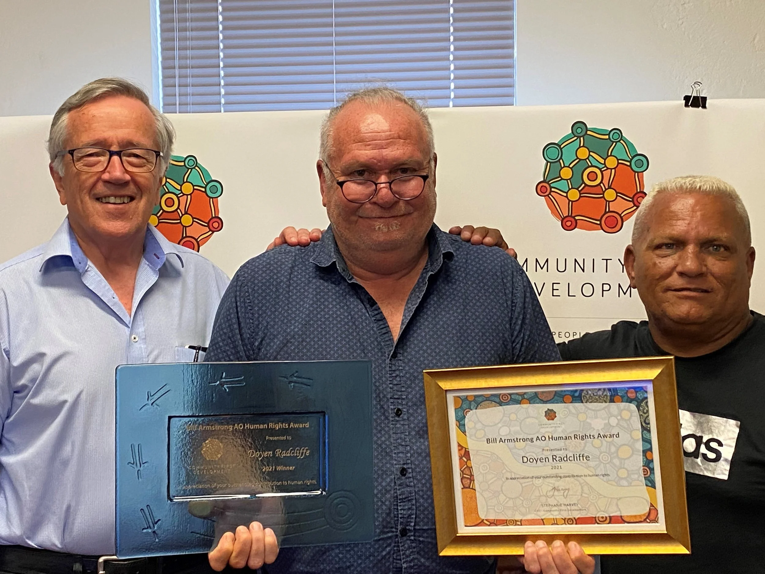  Terry Grose, Doyen Radcliffe and Mervyn Eades at the Bill Armstrong AO Human Rights Award 2021 presentation.  