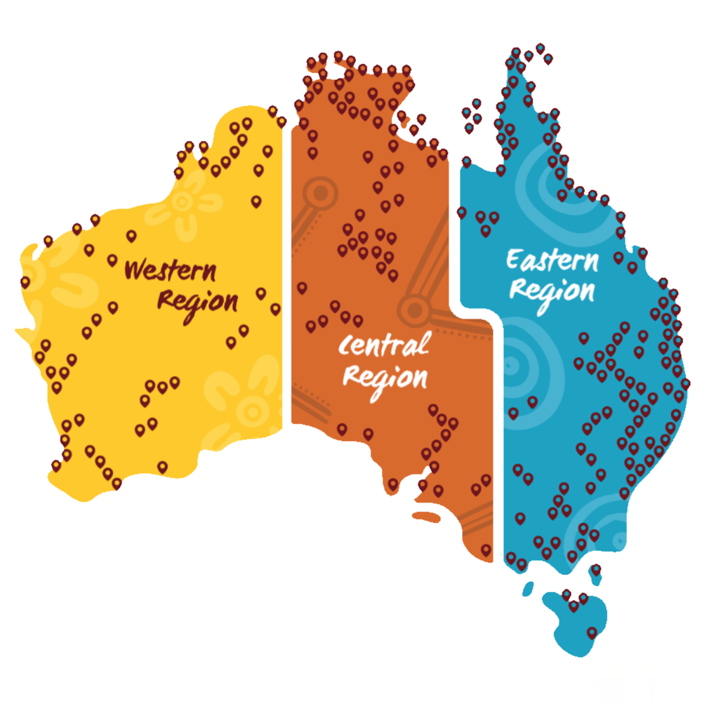 Map of Australia showing Western, Central and Eastern regions