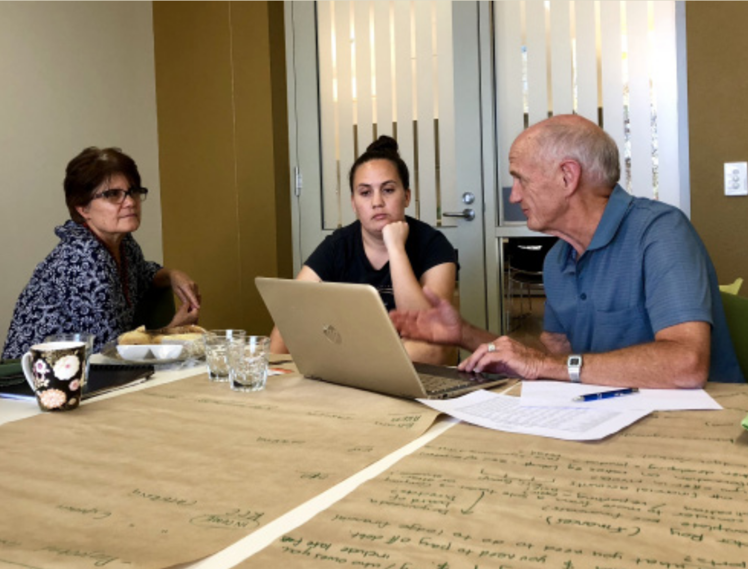   Financial planning in action with the Kungkas Can Cook team, Rayleen Brown and Cherie Reid, with Community First Development Volunteer Roy Davenport.  