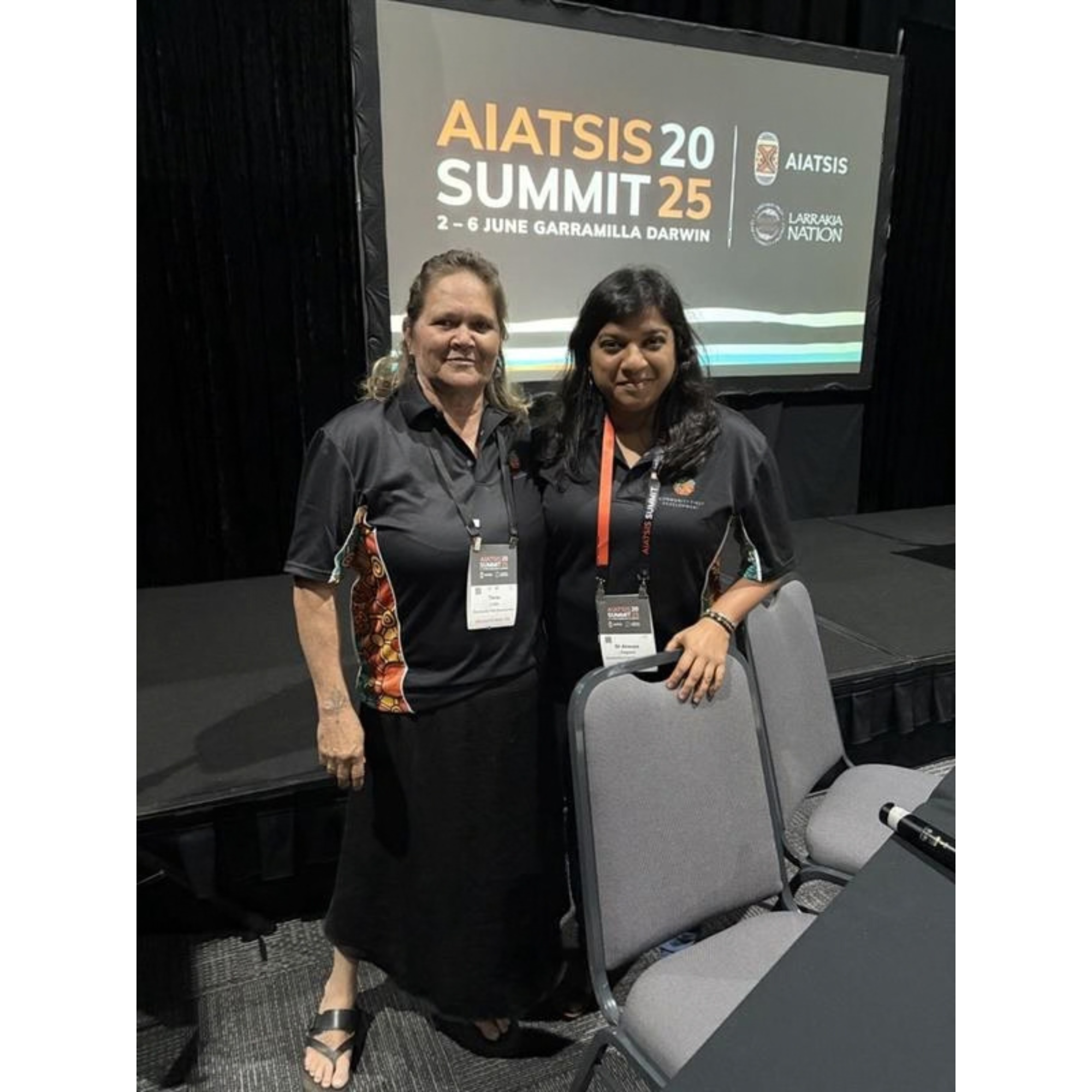  Tania Liddle, Regional Manager NT/WA/SA, and Dr Ansuya Naguran, Regional Manager Eastern Australia, presenting at the 2025 AIATSIS Summit on Larrakia Country. 