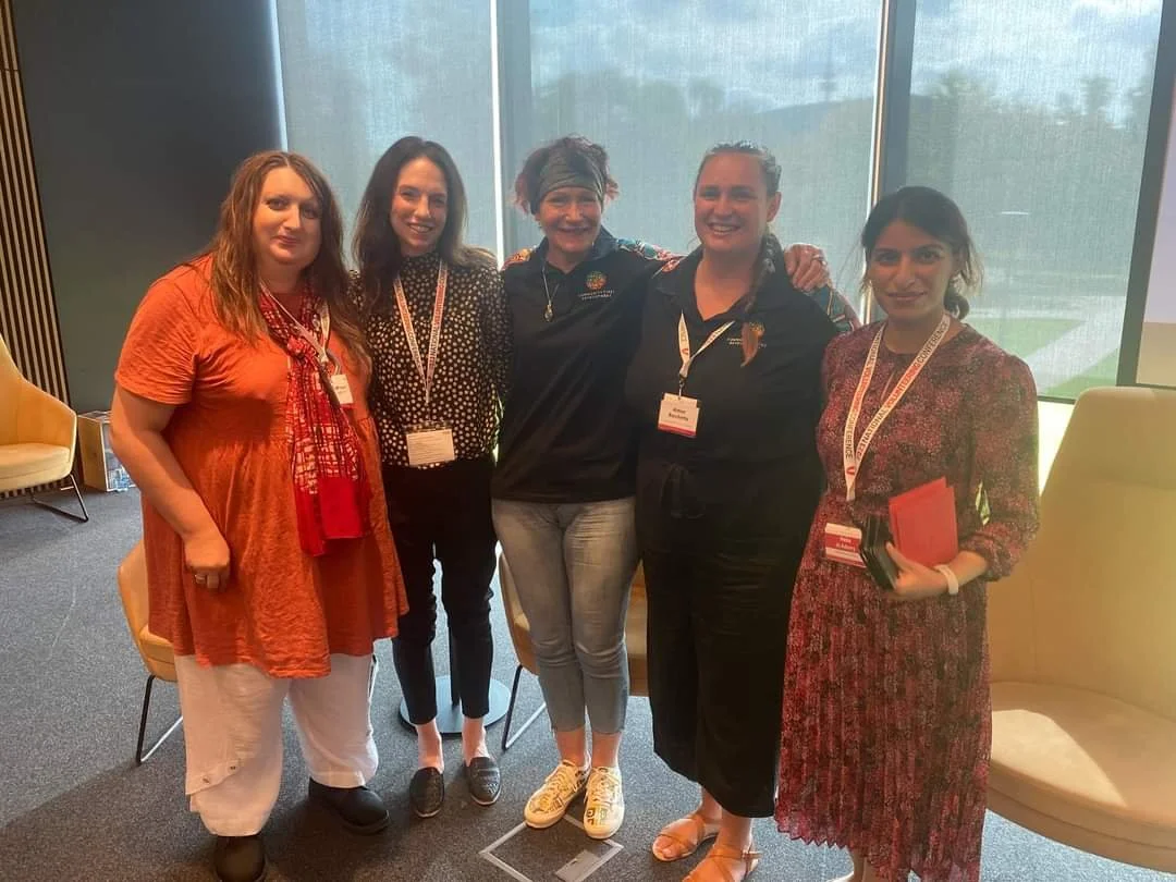 First Nations focus, 2023 National Volunteering Conference presenters. L-R, Ricky Spencer (sociologist) Victoria, Jenna Chia, Senior Engagement & Indigenous Programs Officer Volunteering Victoria, Ginibi Robinson Community First Development, Aimee Bacchetto, Community First Development, Heba Al Adawy, Policy Officer, Volunteering Australia and session Chair.