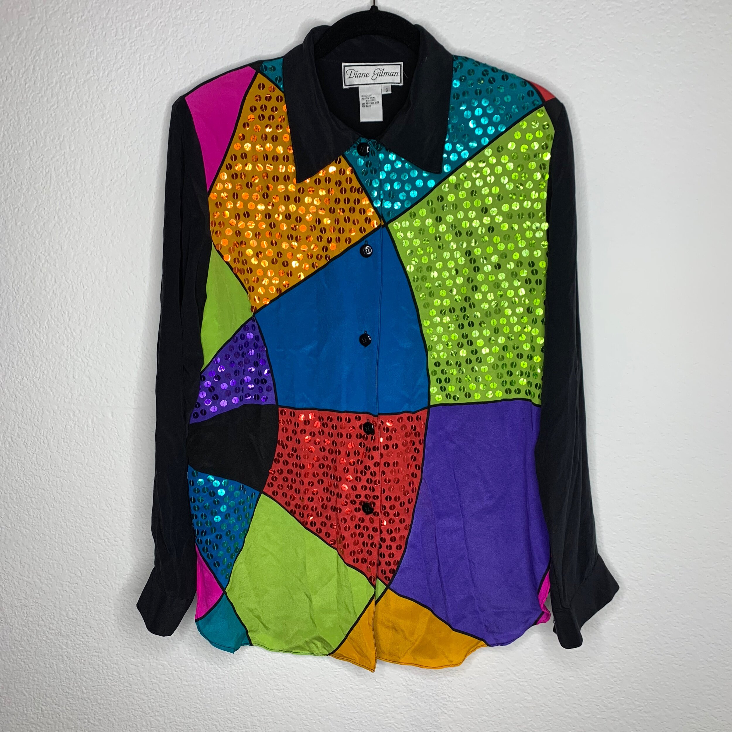 Silk Sequins Abstract Button-Up Blouse