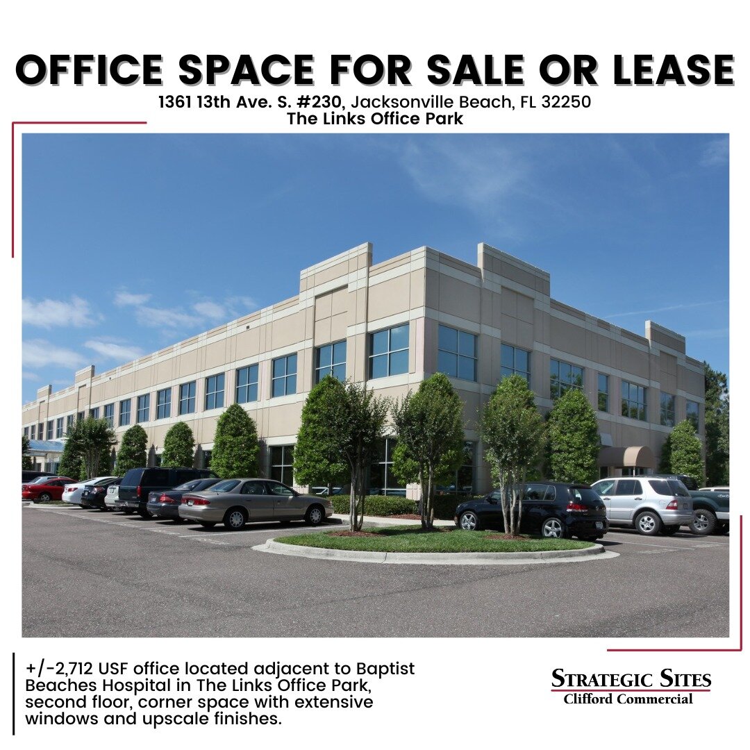 Check out this beautiful office for sale or lease, located in Jacksonville Beach across from Beaches Baptist Hospital.
2,712 SF office includes reception, conference room, a large open collaborative area, five offices, work/file room and a break area