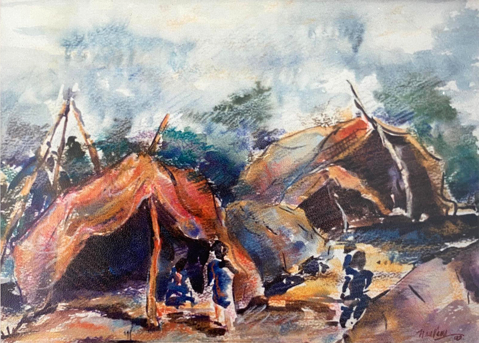 Tents after the rain-mixed media-14"x20"