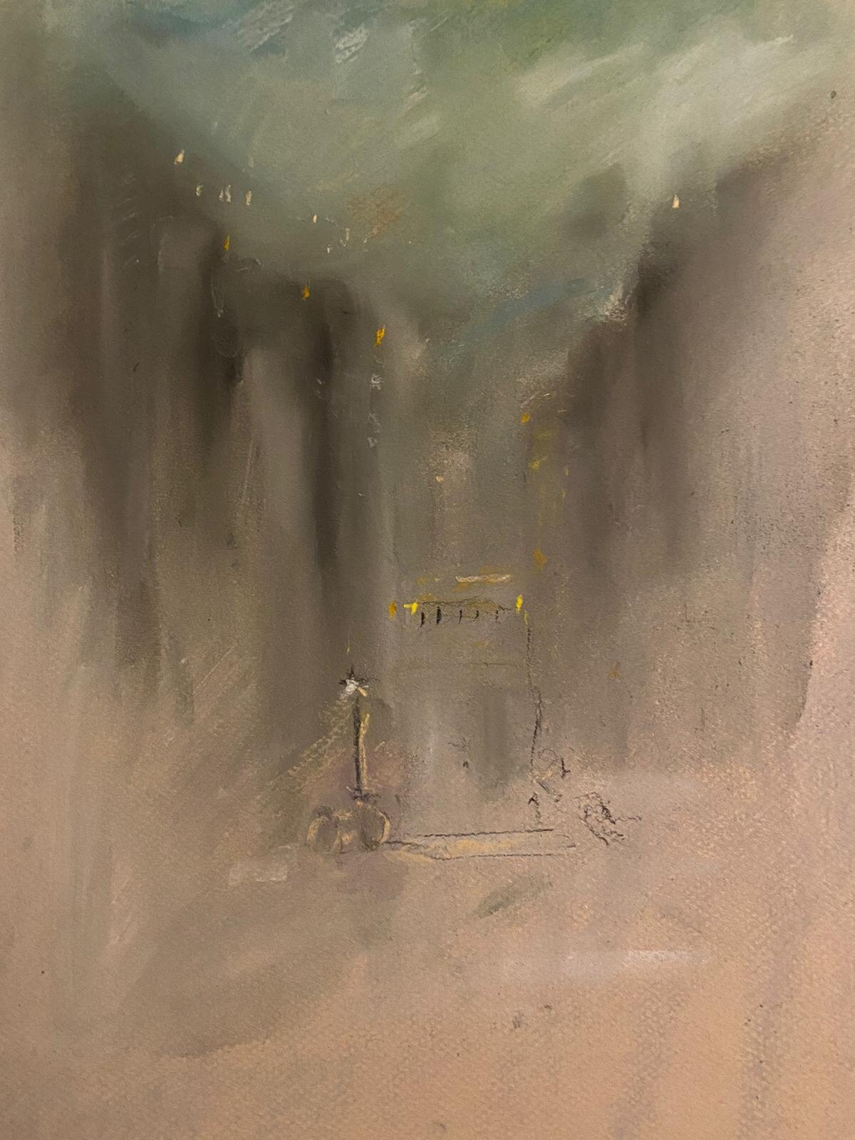 Manhattan & the bicycle-Fog series- Pastels on paper 8"x10"