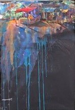 Colombo Bazar at night-14"x24" Mixed Media