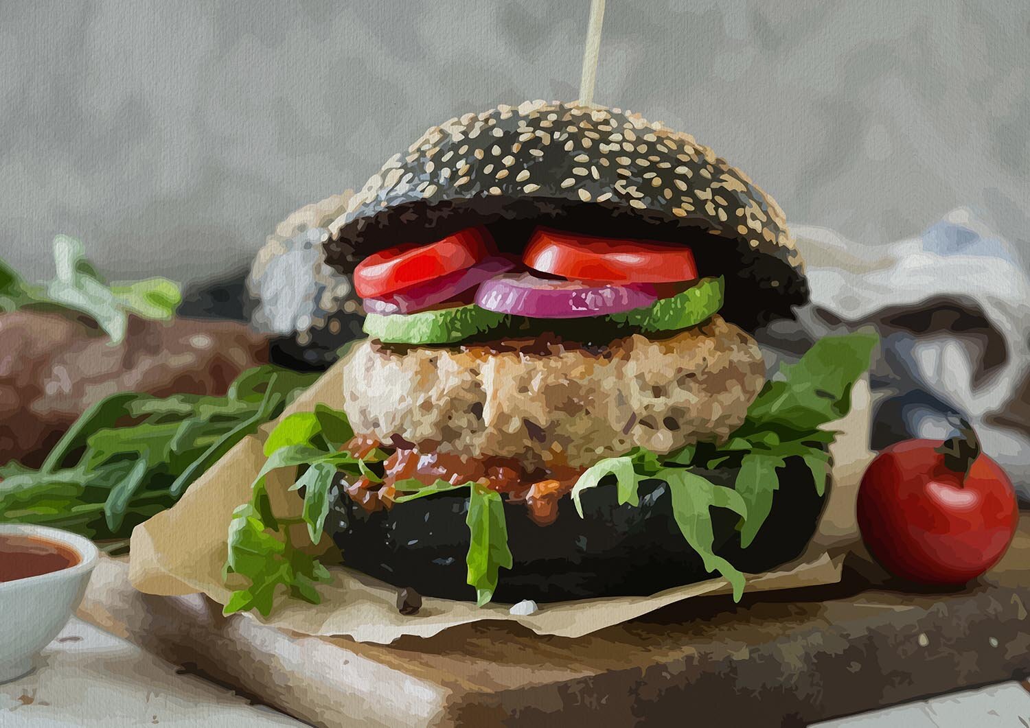 lamb burger with black bun abstract figurative print