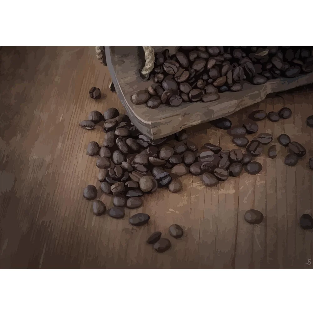 coffee beans with wooden scoop close up abstract figurative painting print