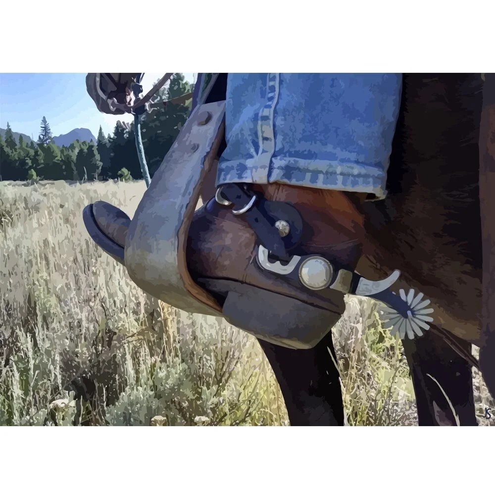 horse cowboy boot spores outdoors nature abstract figurative print