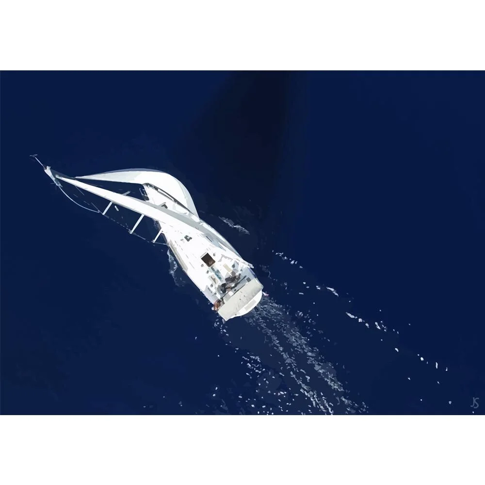 sailing yacht on deep blue sea birdseye abstract figurative print