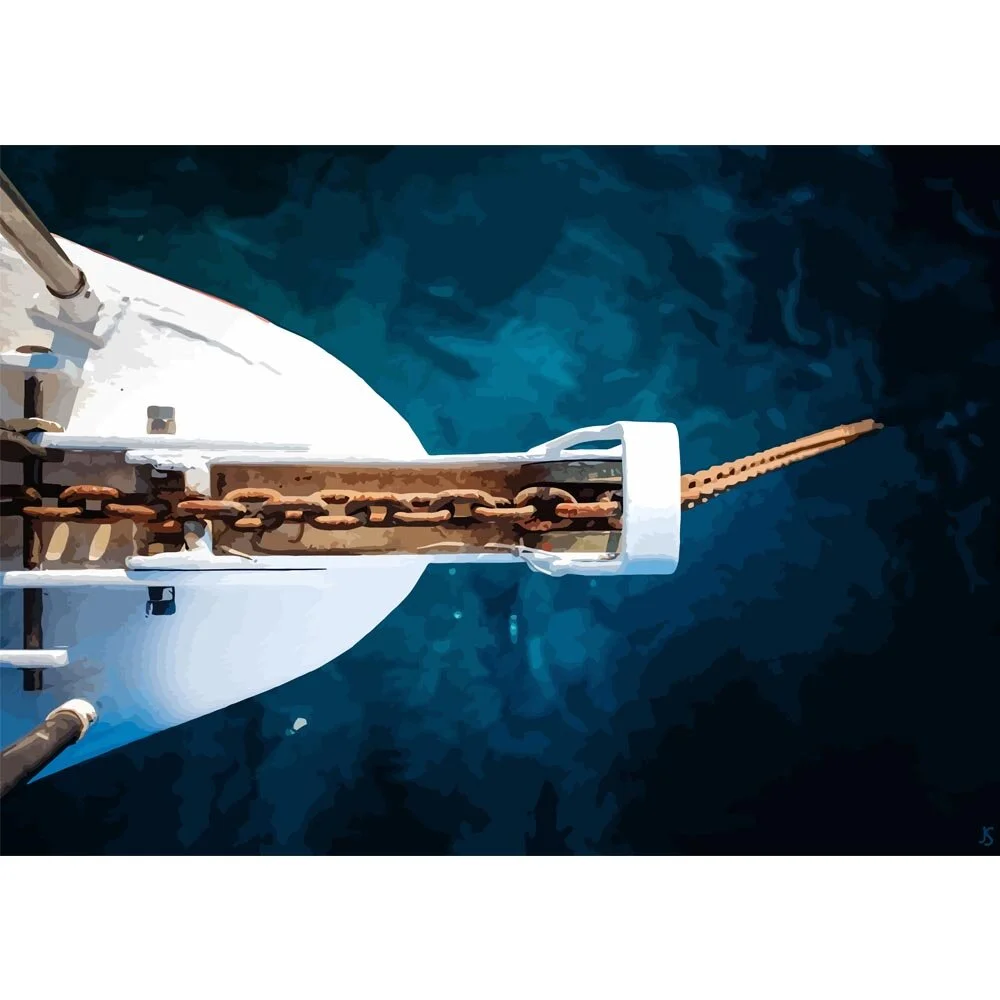 boat anchor chain deep blue sea birdseye abstract figurative  print