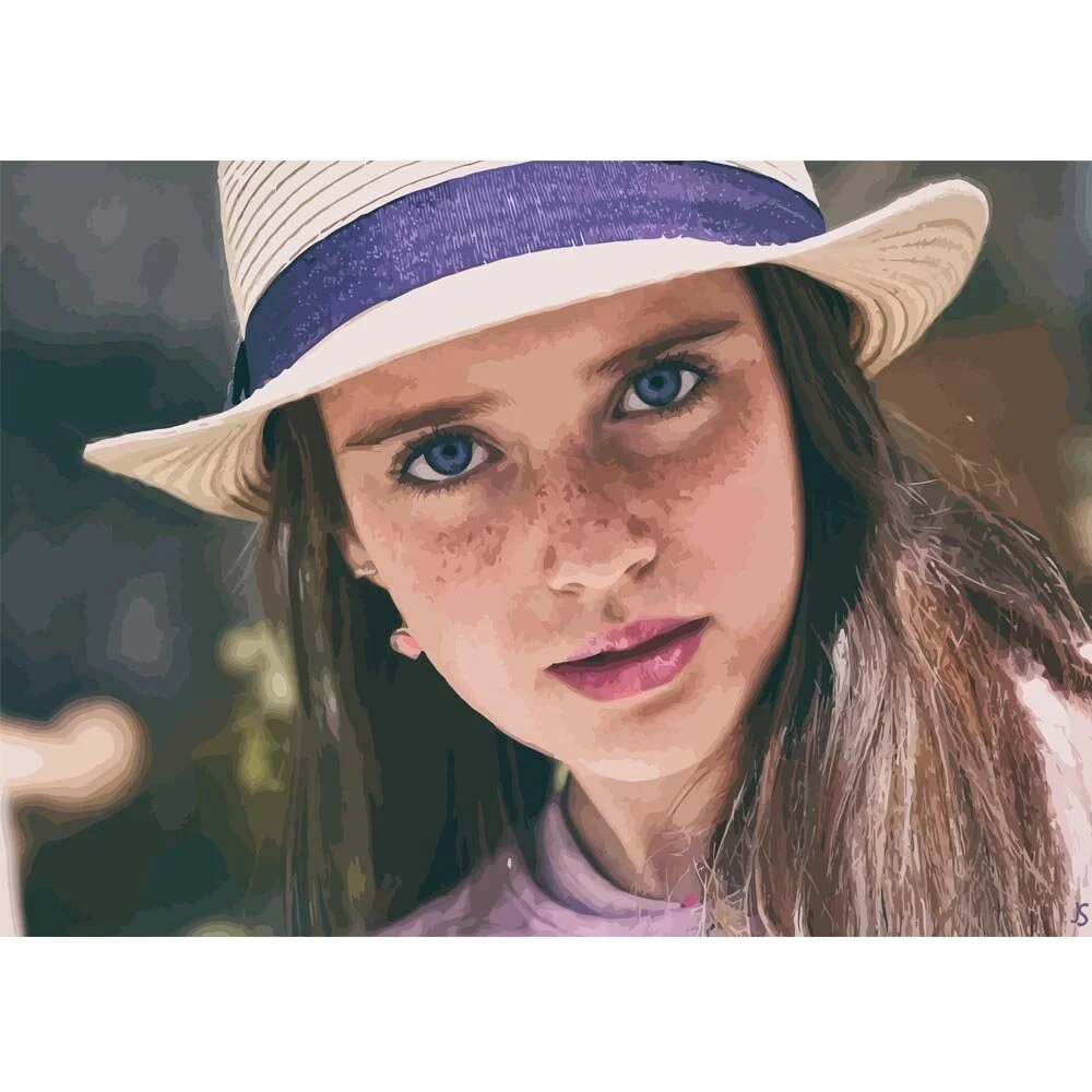 cute girl blue eyes freckles straw hat abstract figurative print