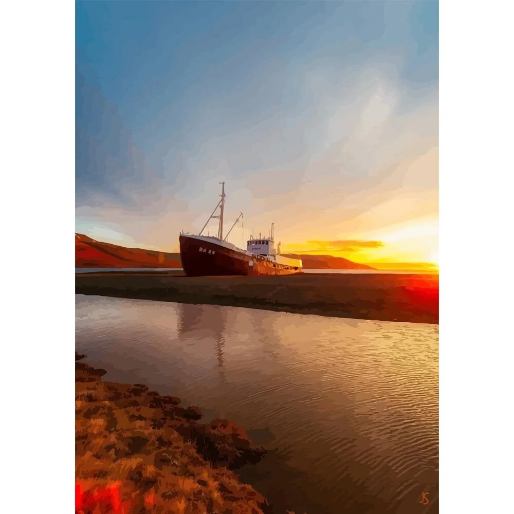 shipwreck on a beach sunset abstract figurative print