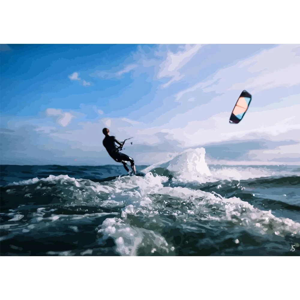 kitesurfer waves blue sky abstract figurative print
