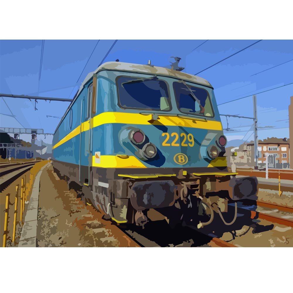 trainyard diesel engine rails locomotive abstract figurative print