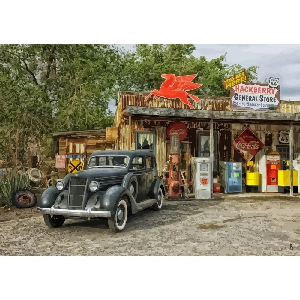 oldtimer gas station arizona abstract figurative print