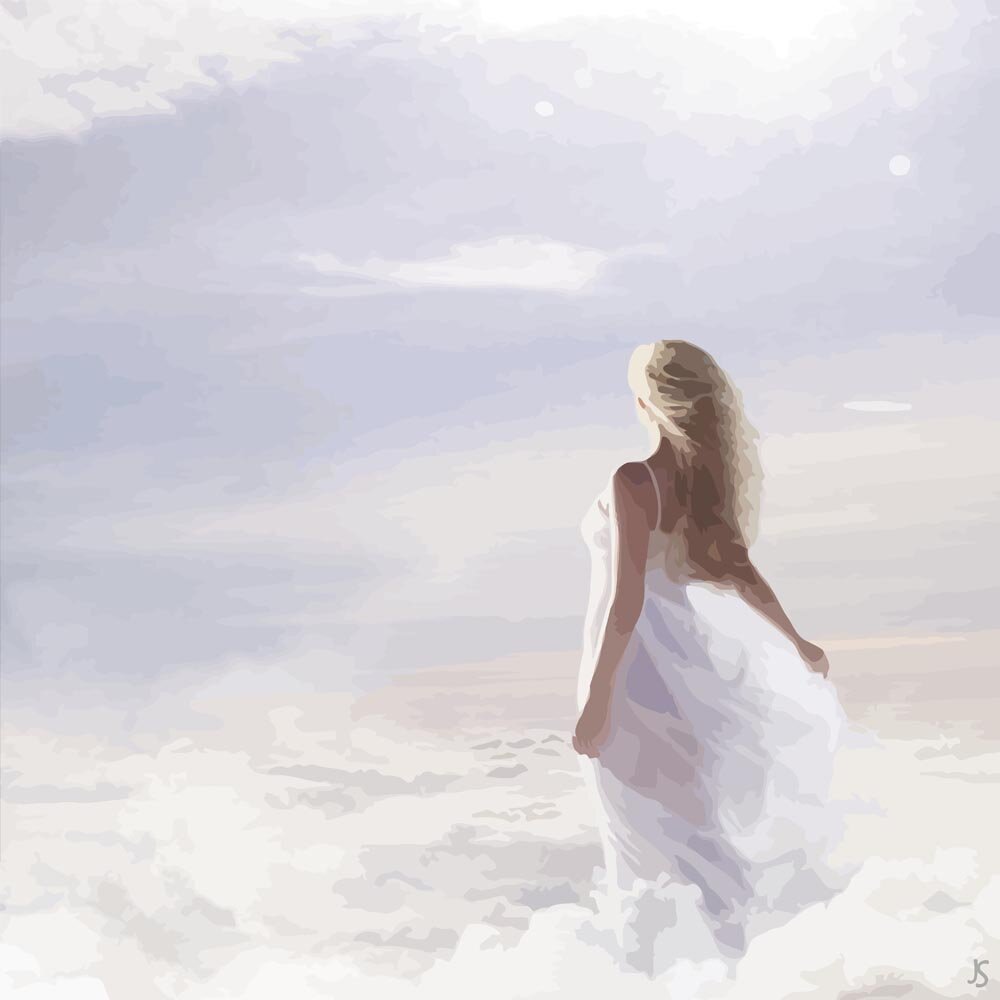 woman in a white dress on the beach abstract figurative print