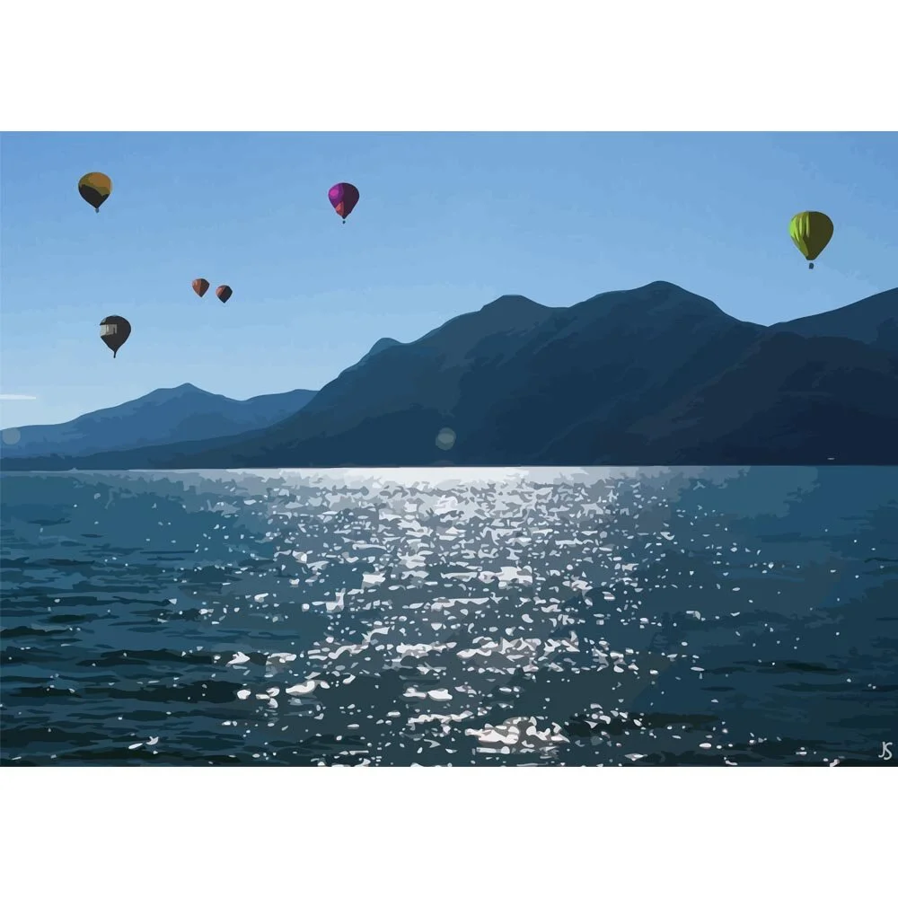 hot air balloons above sea with mountain range abstract figurative art print