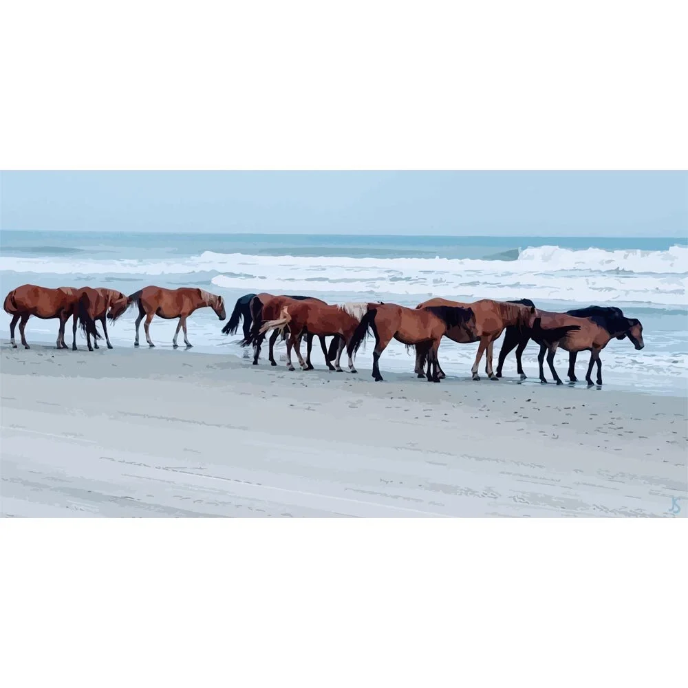 herd of horses on the beach abstract figurative painting print