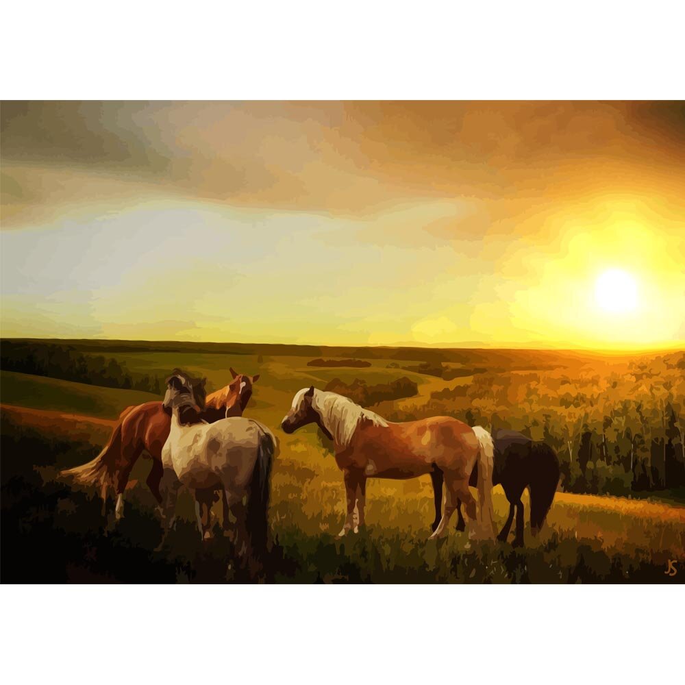 herd of horses on a hill sunset abstract figurative painting print