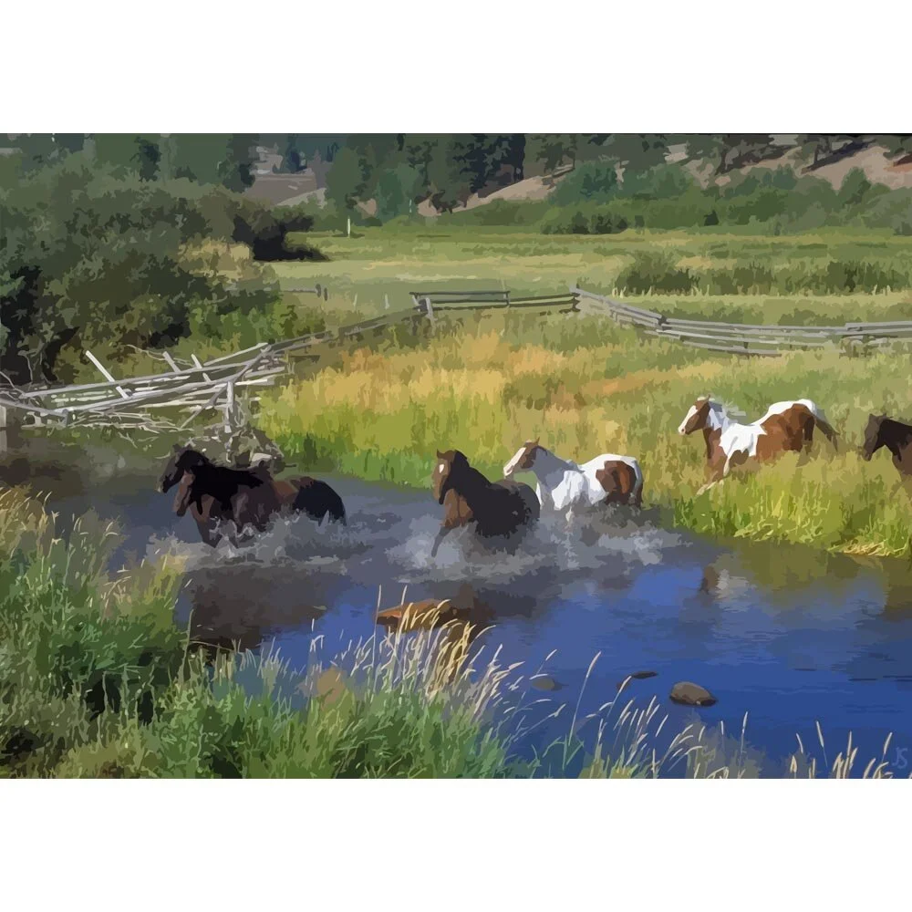 herd of horses crossing creek abstract figurative painting print