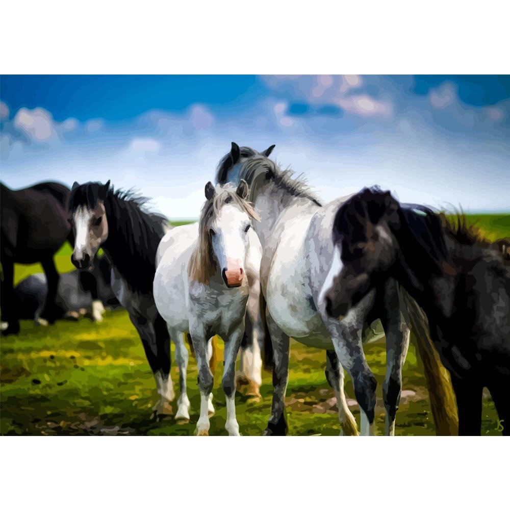herd of ponies in a meadow abstract figurative painting print