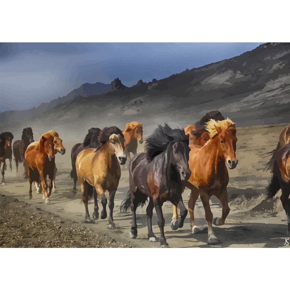 herd of horses galloping in a canyon abstract figurative painting print