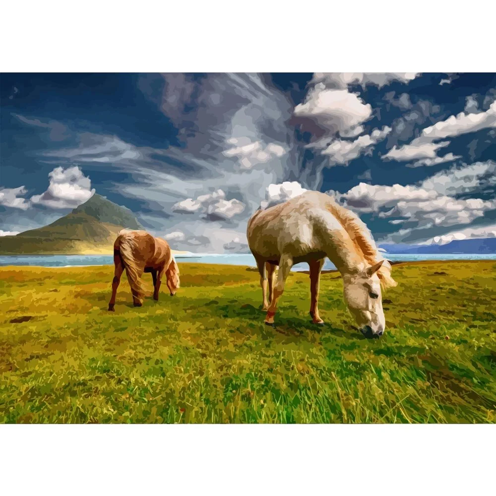 two haflinger ponies grazing in a meadow abstract figurative painting print