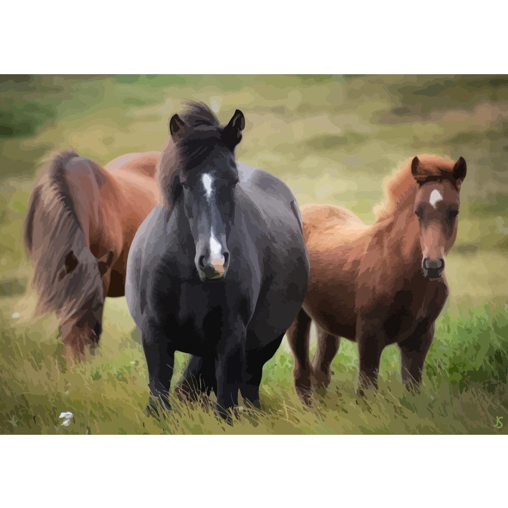 three ponies in a meadow foal mare abstract figurative painting print